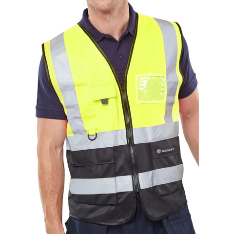 Hi-vis Two Tone Executive Waistcoat with ID Pocket - Saturn Yellow/Black, polyester construction, front zip fastening