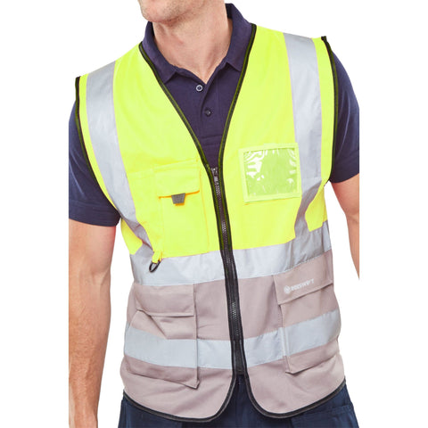 Hi-vis Two Tone Executive Waistcoat with ID Pocket - Saturn Yellow/Grey, polyester construction, front zip fastening