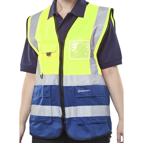 Hi-vis Two Tone Executive Waistcoat with ID Pocket - Saturn Yellow/Navy Blue, polyester construction, front zip fastening