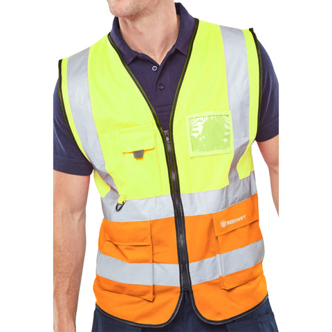 Hi-vis Two Tone Executive Waistcoat with ID Pocket - Saturn Yellow/Orange, polyester construction with front zip, multiple pockets