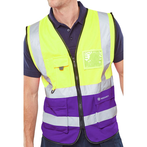 Hi-vis Two Tone Executive Waistcoat with ID Pocket - Saturn Yellow/Purple, polyester construction, front zip fastening