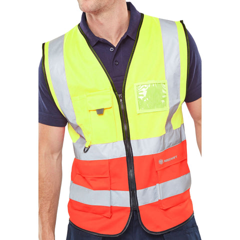 Hi-vis Two Tone Executive Waistcoat with ID Pocket - Saturn Yellow/Red, polyester construction, front zip fastening