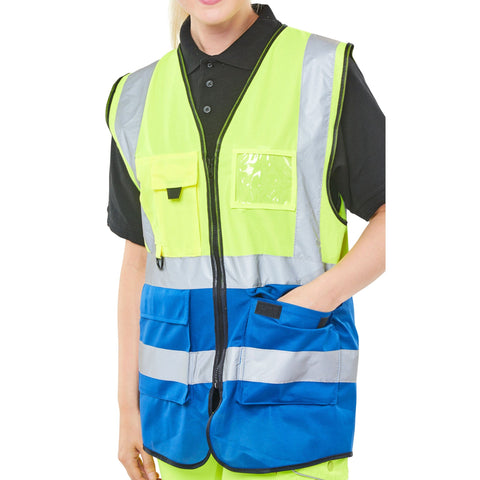 Hi-vis Two Tone Executive Waistcoat with ID Pocket - Saturn Yellow/Royal Blue