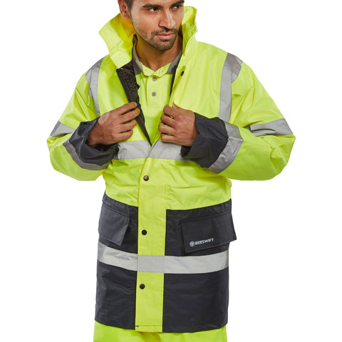 Hi-vis Fleece Lined Traffic Jacket with Concealed Hood - Saturn Yellow/Navy | PU Coated Polyester | Fleece Lined | Two-Way Zip | Security Pocket