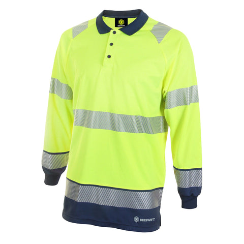 Hi-vis Two Tone Long Sleeve Polo Shirt Saturn Yellow/Navy Blue | Polyester Bird Eye Fabric | Retro-Reflective Tape