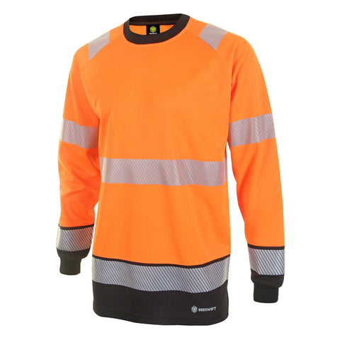 Professional Hi-vis Two-tone Long Sleeve T-shirt in Orange/Black with Reflective Tape - Certified to EN ISO 20471 Class 3, Bird Eye Polyester Fabric