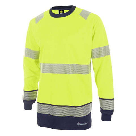 Professional Hi-vis Two-tone Long Sleeve T-shirt in Saturn Yellow/Navy Blue with Reflective Tape - Certified to EN ISO 20471 Class 3, Bird Eye Polyester Fabric