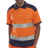 Orange navy hi-vis two-tone polo shirt, polyester fabric, retro-reflective tape, EN ISO 20471 Class 2 compliant.