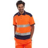 Orange navy hi-vis two-tone polo shirt, polyester, retro-reflective tape, EN ISO 20471 Class 2 compliant.