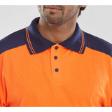 Orange navy hi-vis two-tone polo shirt, polyester fabric, retro-reflective tape, EN ISO 20471 Class 2 compliant.