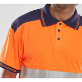 Orange navy hi-vis two-tone polo shirt, polyester, retro-reflective tape, EN ISO 20471 Class 2 compliant.