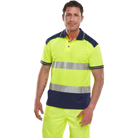 Front view of Hi-vis Two-tone Polo Shirt Saturn Yellow / Navy