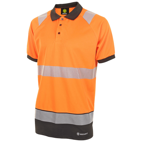 Front view of Hi-vis Two Tone Short Sleeve Polo Shirt Orange / Black