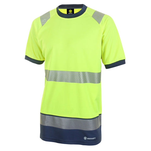 Professional Hi-vis Two-tone Short Sleeve T-shirt in Saturn Yellow/Navy Blue with Reflective Tape - Certified to EN ISO 20471 Class 2 and RIS-3279-TOM Standards