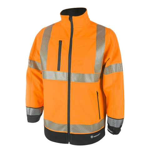 High Visibility Two-Tone Soft Shell Jacket - Orange/Black with Windproof, Lightweight Fabric, Full-Length Zip, and Retro-Reflective Tape. 