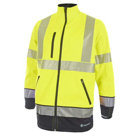 High Visibility Two-Tone Soft Shell Jacket - Saturn Yellow/Navy Blue with Windproof, Lightweight Fabric, Full-Length Zip, and Retro-Reflective Tape.