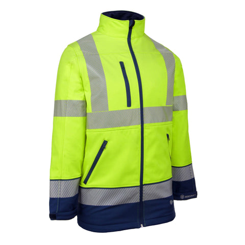 High Visibility Two-Tone Soft Shell Jacket - Saturn Yellow/Royal Blue with Windproof, Lightweight Fabric, Full-Length Zip, and Retro-Reflective Tape.