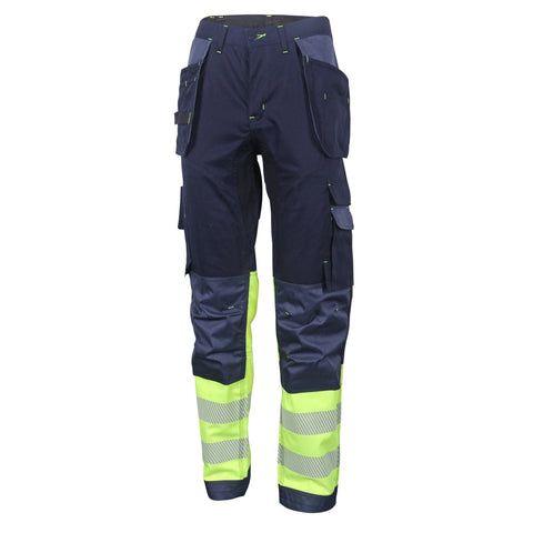 High Visibility Two-tone Trousers Saturn Yellow/Navy Blue Polyester-Cotton Blend with Pockets and Knee Pad Pouches