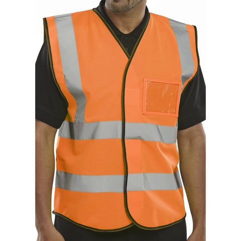 Hi-vis Vest with ID Pocket in Orange, made from 100% polyester with hook and loop fastening.