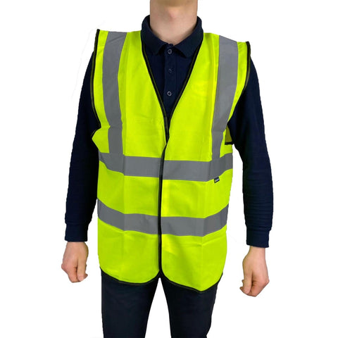 Cost-effective hi-viz vest with reflective bands, EN ISO 20471 Class 2 compliant. Ideal for road workers, building site workers, or anyone needing high-visibility protection. Features reflective strips and 100% polyester fabric.