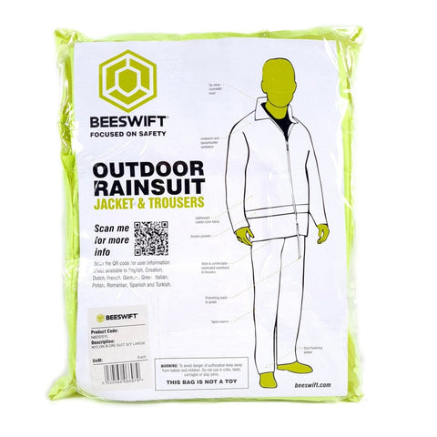 Cost-effective EN ISO 20471 Class 2 hi-viz vest with reflective bands. 100% polyester fabric, lightweight outdoor rainsuit with coated nylon fabric. Includes jacket and trousers with concealed hood, zip front, and fully taped seams.