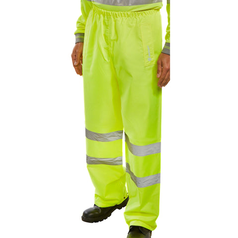 Hi-vis Waterproof Traffic Trousers - Saturn Yellow | Heavyweight PVC Coated Polyester, Elasticated Waist, Retro-reflective Tape