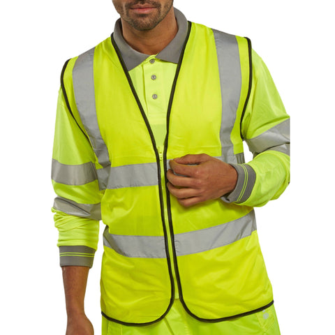 Hi-vis Zip Fastened Waistcoat/Vest - Saturn Yellow, EN ISO 20471 Class 2, Retro-Reflective Tape