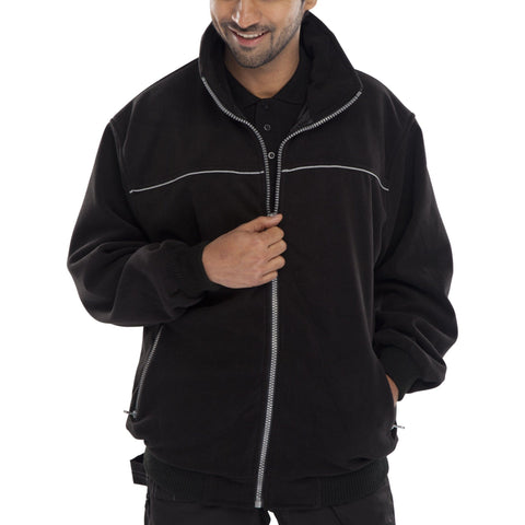 Workwear Fleece Jacket - Black, Lightweight Concealed Hood, Rib Knitted Waistband