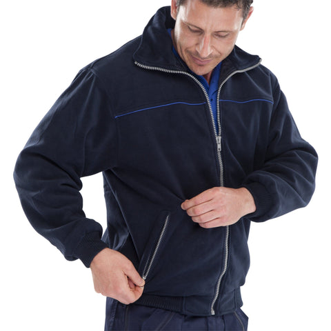 Workwear Fleece Jacket - Navy Blue/Royal Blue, Lightweight Concealed Hood, Rib Knitted Waistband