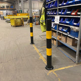 high-visibility-safety-bollards-warehouse-industrial-traffic-forklift-bollard-crash-collision-protection-prevention-impact-resistant-durable-galvanised-steel-black-yellow-pedestrian-equipment-perimeter-guards-reflective-heavy-duty-safety-car-parks-depots