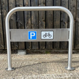 Hillmorton cycle stand with integrated signage for secure bike parking.