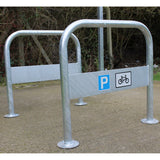 Galvanised Hillmorton cycle stand with signage, ideal for public spaces.