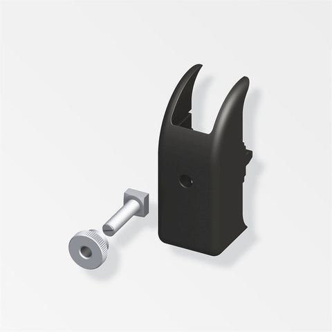 Pair of 16mm hooks with anti-swivel protection. Uncoated aluminium, 120mm high, 80mm depth. 35kg max load capacity. For 16mm wide hooks, compatible with Coaxis profiles. Quick installation, prevents hook twisting. Sold as a pair.