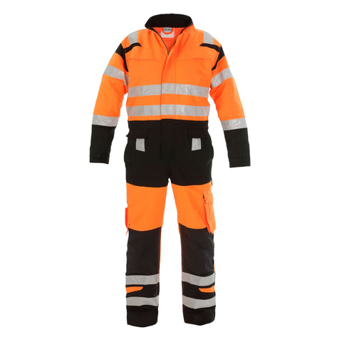 Hove Hi-vis Two-tone Coverall - Orange/Black. Concealed zip front, storm flap cover, chest pockets, ID pocket, adjustable cuffs