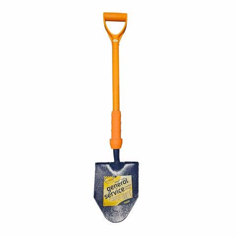 Insulated General Service Shovel, versatile for digging, lifting, and moving various materials. Broad, flat blade for efficient scooping, breaking ground, and excavating soil. Ideal for lifting loose materials like soil, sand, or gravel.