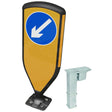 3SIXTY self-righting bollard, black frame with blue keep-left diagonal arrow face, shown with the surface-mount retention socket fixing kit