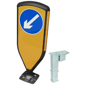 3SIXTY self-righting bollard, black frame with blue keep-left diagonal arrow face, shown with the surface-mount retention socket fixing kit