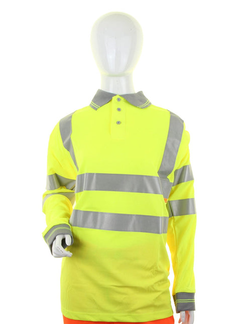 Ladies Hi-vis Long Sleeve Polo Shirt Saturn Yellow | 100% polyester Bird Eye fabric | 3 button placket | Grey trim