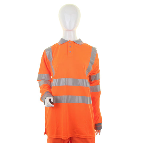 Ladies Hi-vis Long Sleeve Rail Spec Polo Shirt Orange | 100% polyester Bird Eye fabric | 3 button placket