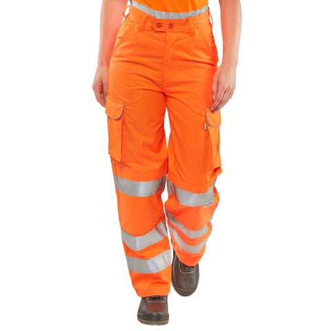 High-visibility women's trousers in orange, crafted from 280gsm polyester cotton blend with Teflon coating for soil resistance.