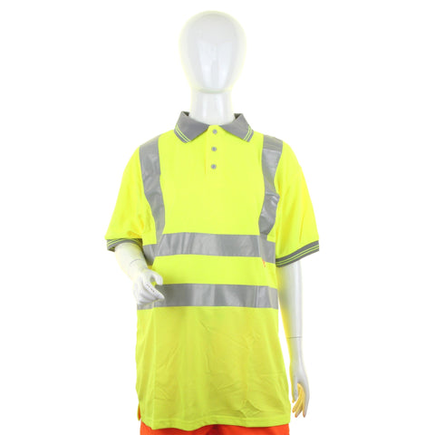 Ladies Hi-vis Short Sleeve Polo Shirt Saturn Yellow | 100% Polyester Bird Eye Fabric | 3 Button Placket | Grey Trim