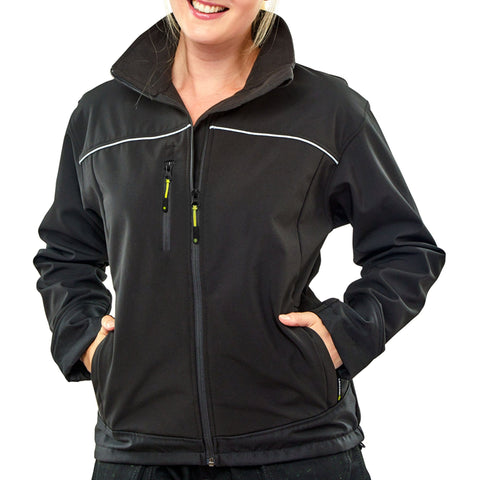 Professional Ladies Soft Shell Jacket in Black with High Stretch Water Resistant Fabric, Fleece Lined, Adjustable Cuffs, and Cordura Trim.