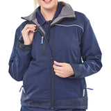 Professional Ladies Soft Shell Jacket in Navy Blue with High Stretch Water Resistant Fabric, Fleece Lined, Adjustable Cuffs, and Cordura® Trim.