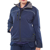 Professional Ladies Soft Shell Jacket in Navy Blue with High Stretch Water Resistant Fabric, Fleece Lined, Adjustable Cuffs, and Cordura® Trim.