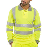 Saturn Yellow hi-vis long sleeve polo shirt, Bird Eye fabric, retro-reflective tape, EN ISO20471 Class 3 compliant.