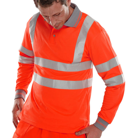 Red long sleeve hi-vis polo shirt, Bird Eye fabric, retro-reflective tape, EN ISO20471 Class 3 compliant.