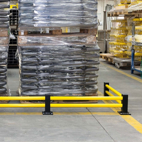 low-level-BLACK-BULL-ECO-barrier-modular-design-industrial-safety-warehouse-perimeter-protection-barricade-crash-impact-protection-boundary-fencing-collision-forklift-factories-guard-high-visibility-yellow-black-lateral-rail