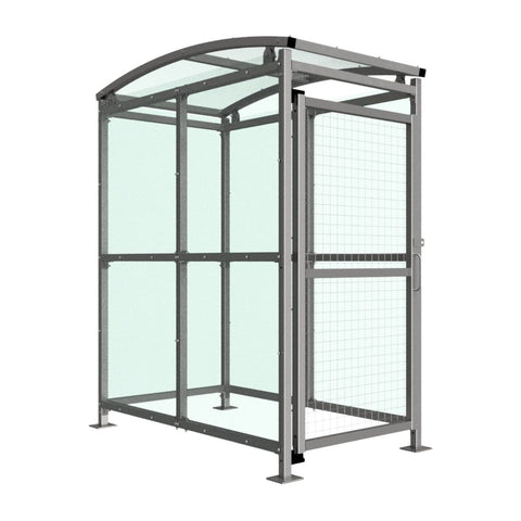 MC1 Badby cycle shelter with clear PETG cladding and mesh doors.