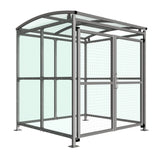 Free-standing MC1 Badby cycle shelter, lockable mesh doors, PETG roof.