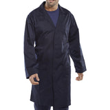 Poly Cotton Warehouse Coat - Navy Blue, 65% Polyester 35% Cotton, Concealed Stud Front, Multiple Pockets